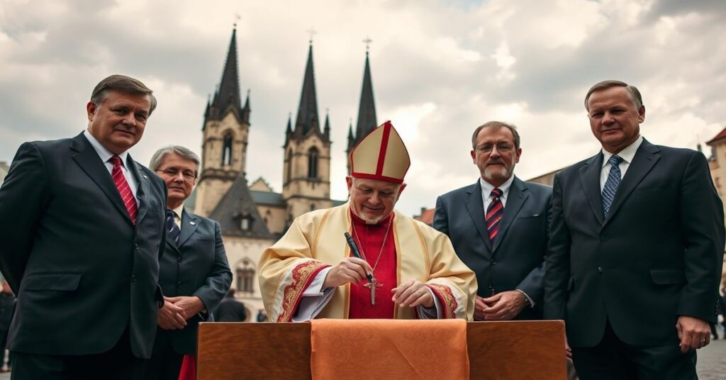 Solemne zdjęcie z Chełmna podczas podpisywania listu intencyjnego dla jubileuszu 800-lecia lokacji Chełmna i Torunia. Biskup w tradycyjnych szatach liturgicznych stoi przy podium na rynku miejskim z gotyckimi wieżami kościelnymi w tle.