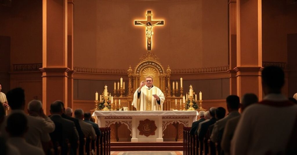 Sobótna Msza święta w tradycyjnym kościele katolickim z kapłanem i wiernymi.