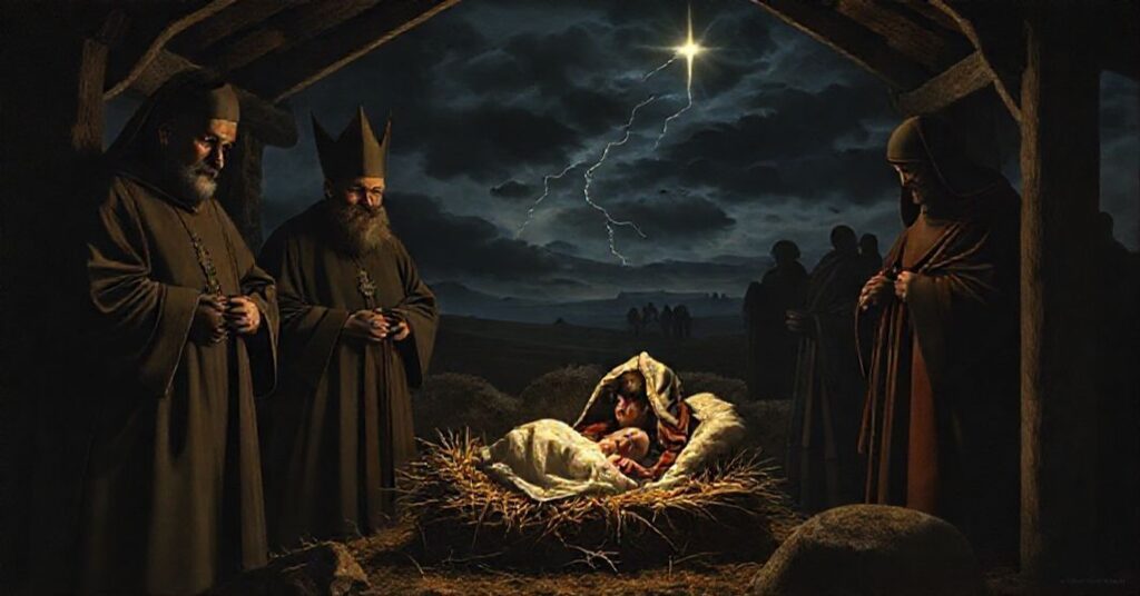 Przykład tradycyjnej sceny Bożego Narodzenia w stajence z biskupami przedstawiającymi nowoczesny redukcjonizm i apostazję.