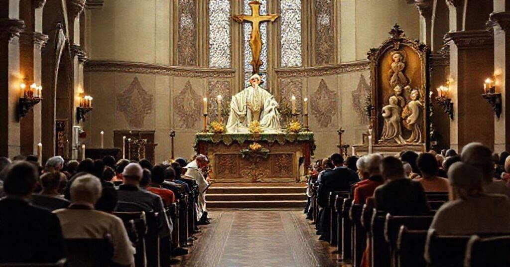 Uroczysty obraz przedstawiający Boże Narodzenie w tradycyjnym kościele z kaplicą upamiętniającą Adama i Ewę. Kapłan w tradycyjnych szatach odprawia mszał, a wierni modlą się klęcząc. Ołtarz ozdobiony jest świecami i ikonami, podkreślając świętość wydarzenia.