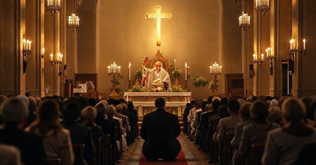 Sobótni wieczór w tradycyjnym kościele katolickim podczas uroczystej Mszy św. w czasie Bożego Narodzenia