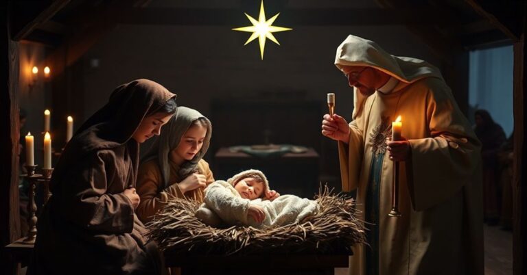 Tradycyjna katolicka scenka bożonarodzeniowa z rodziną przy zwierzętach i Dzieciątkiem Jezus w żłobku.