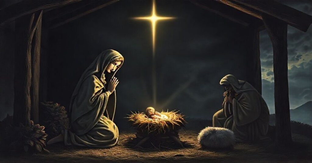Tradycyjna scena Bożego Narodzenia przedstawiająca Maryję, Józefa i Dzieciątko Jezus w stajence z pasterzami w tle. Scena podkreśla powagę Wcielenia.