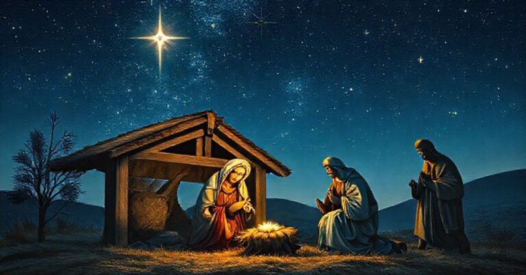 Tradycyjna katolicka scena Bożego Narodzenia z rodziną św. pod gwiazdami nieba, podkreślająca boską naturę narodzin Chrystusa.