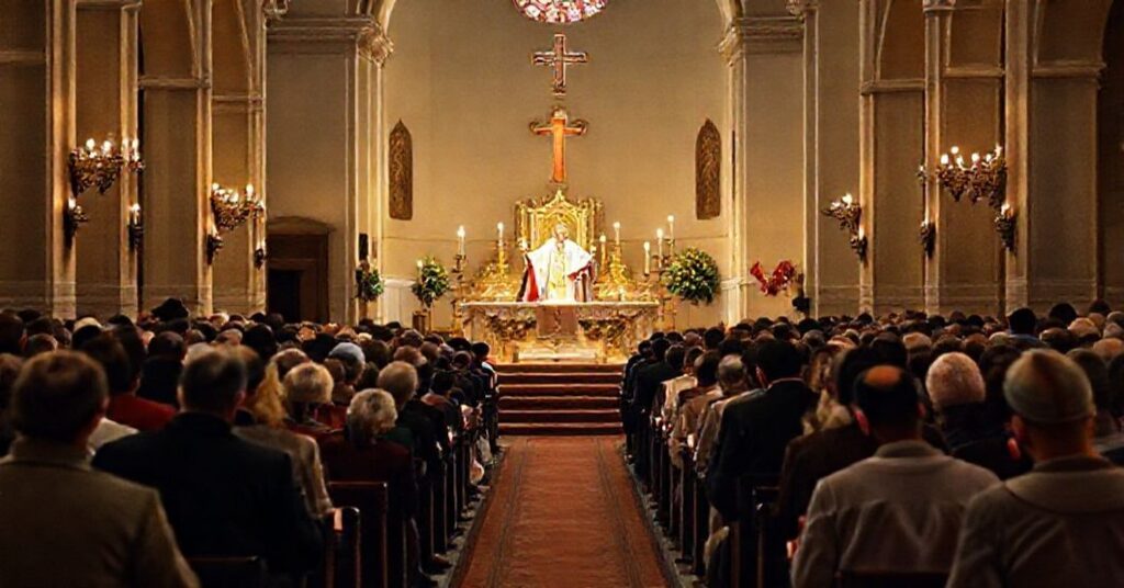 Wnętrze tradycyjnego kościoła katolickiego podczas mszy św. Bożego Narodzenia, z akcentem na podniesioną Hostię przez księdza w tradycyjnych ornatach.