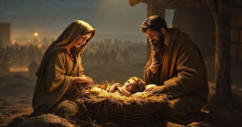 Prawdziwa katolicka scena Bożego Narodzenia w Betlejem z Dzieciątkiem Jezusa w żłobku otoczonego przez Matkę Boską i św. Józefa.