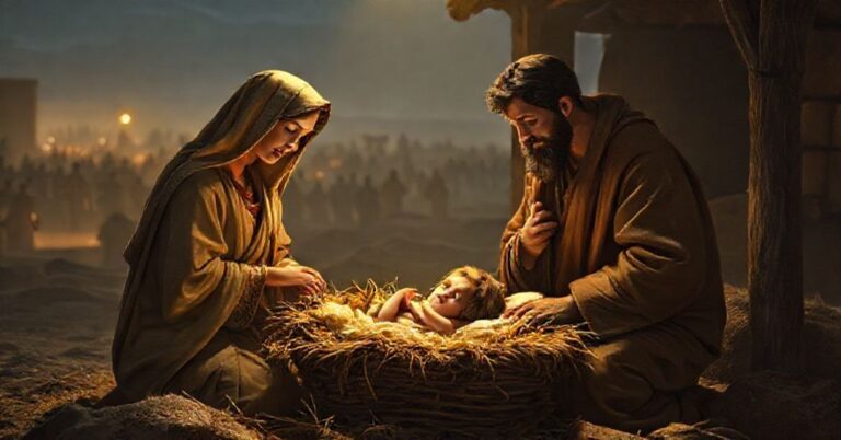 Prawdziwa katolicka scena Bożego Narodzenia w Betlejem z Dzieciątkiem Jezusa w żłobku otoczonego przez Matkę Boską i św. Józefa.