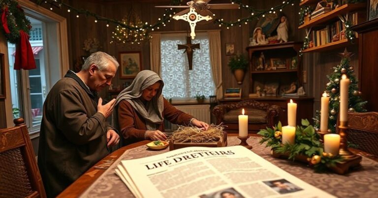 Tradycyjna scenka Bożego Narodzenia z rodziną modląca się przed żłobkiem w cieniu współczesnego pogaństwa i komercjalizacji