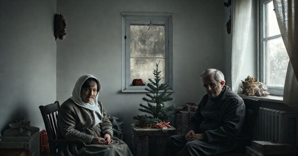 Melancholijny obraz wychowanków domu dziecka podczas Bożego Narodzenia bez religijnych symboli