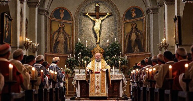 Scena liturgiczna z "abp" Eugeniuszem Popowiczem w kościele greckokatolickim podczas Bożego Narodzenia. W tle krzyż, świece i ikony tradycyjne.