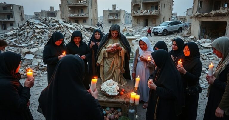 Scena Bożego Narodzenia w ruinach Gaza z "ks. Gabrielem Romanellim" i siostrami Misjonarkami Miłości
