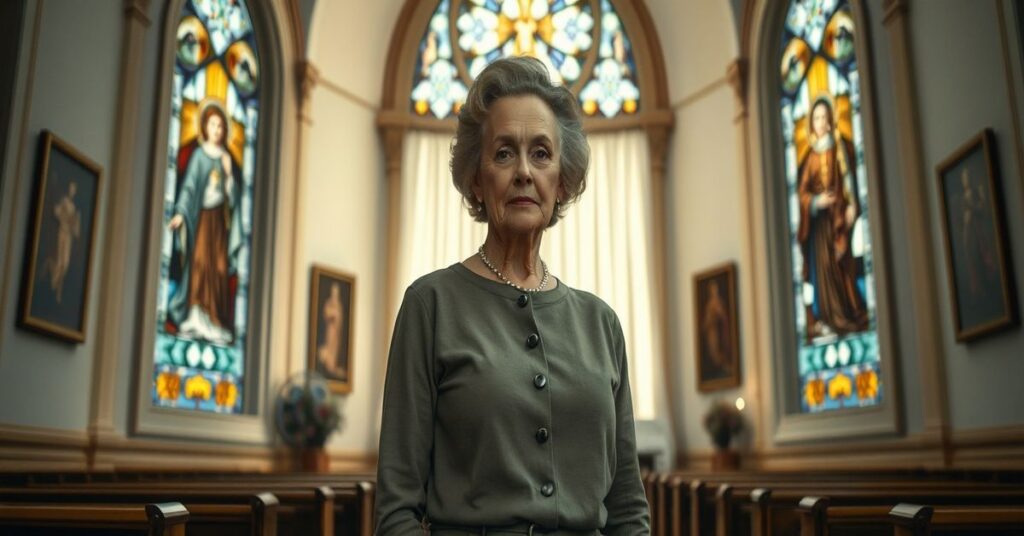 Zdjęcie Bożeny Dykiel w tradycyjnym katolickim wnętrzu, przedstawiające jej życie i śmierć z perspektywy sedewakantistów