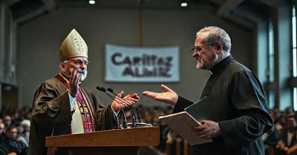 Portret "Bp" Damiana Bryla i ks. Kowalka podczas spotkania z pracownikami Caritas w Przedborowie, przedstawiający redukcję katolickiej miłości bliskiej do świeckiego aktywizmu.