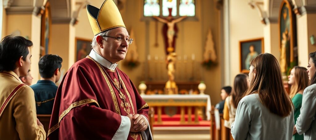 Biskup Andrzej Kaleta w odnowionym kościele Trójcy Świętej w Chmielniku podczas homilii o Trójcy Świętej i udzielania sakramentu bierzmowania młodzieży.