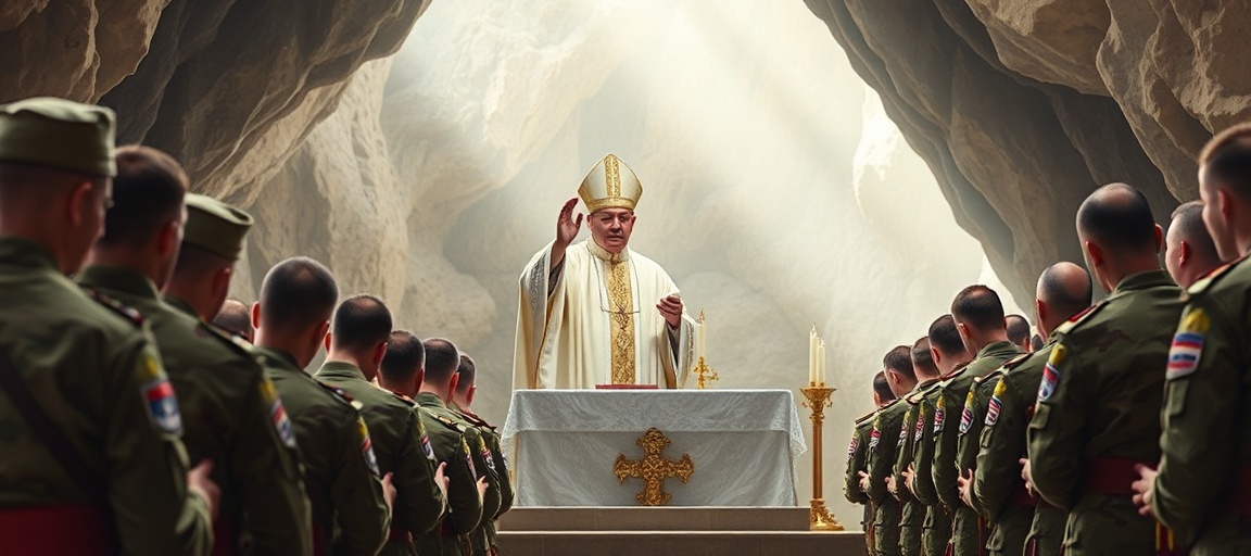 Biskup Lechowicz w Lourdes - brak nauki o Chrystusie Królu Biskup Lechowicz podczas homilii w Lourdes przy grocie objawień z polskimi żołnierzami. Scena oddaje brak nauki o Chrystusie Królu.