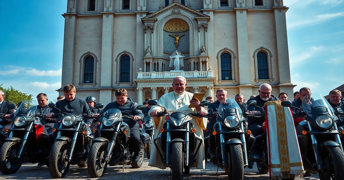Grupa motocyklistów modląca się przed katedrą opolską pod przewodnictwem biskupa w tradycyjnych ornatach kościelnych z widocznym tabernakulum na tle.