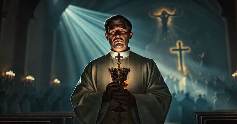 Obraz przedstawia tradycyjnego księdza w kościele trzymającego monstrancję z Najświętszym Sakramentem z promieniami światła. Na tle widoczne są dusze w czyśćcu, z niektórymi wznoszącymi się ku niebu i innymi opadającymi w ciemność.