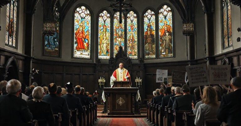 Wnętrze kościoła z "biskupem" Muskusem na ambonie, kontrastujące z tradycyjnymi katolikami i aktywistami progresywnymi.