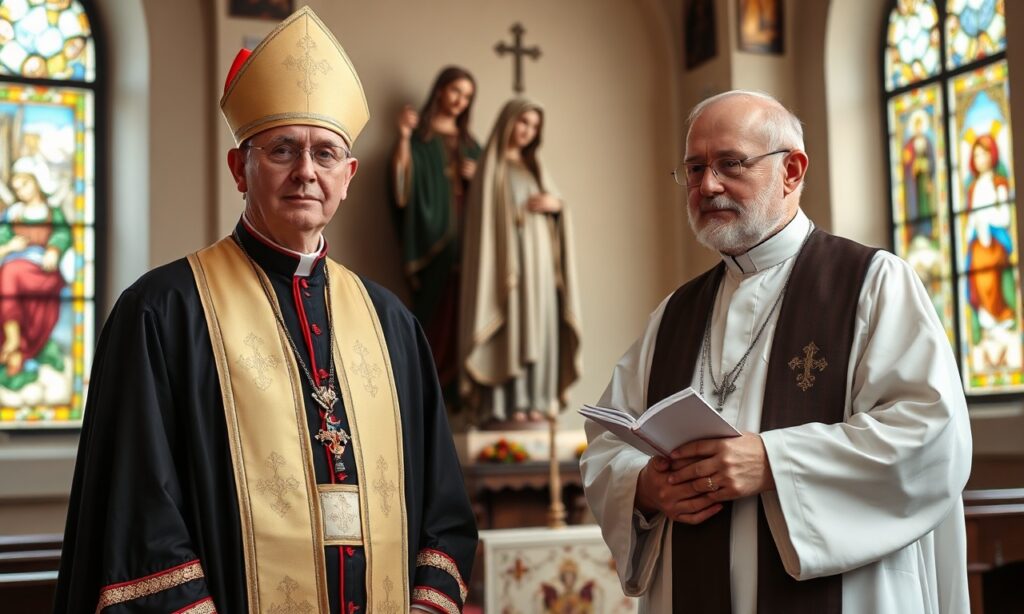 Portret Biskupa Tadeusza Lityńskiego i zmarłego Arcybiskupa Józefa Michalika w tradycyjnym katolickim otoczeniu