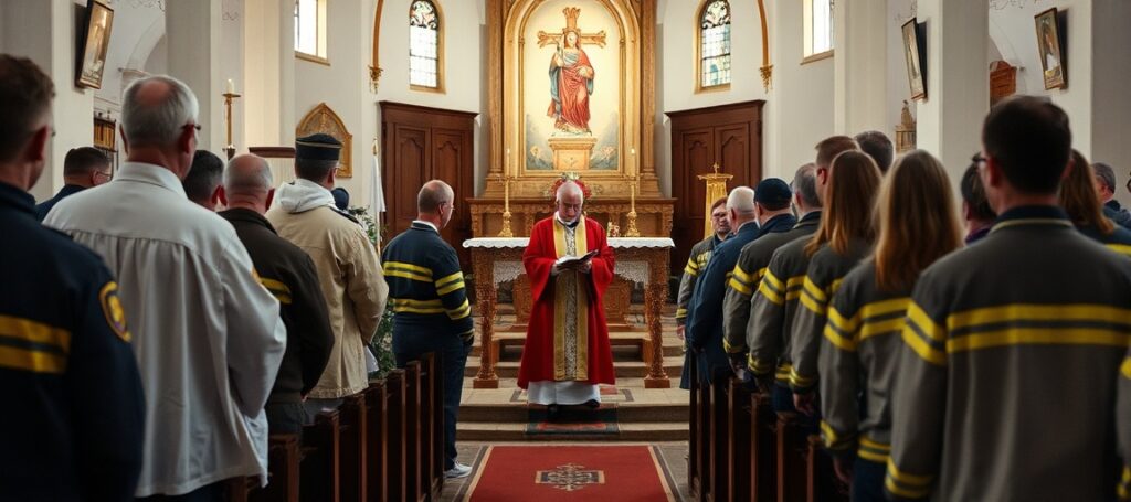 Bp Tadeusz Lityński i ks. Przemysław Kaminiarz podczas Mszy św. w kościele pw. Najświętszego Zbawiciela w Zielonej Górze z udziałem strażaków