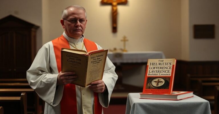 Kleryk w tradycyjnych szatach kościelnych trzyma stare katechizmy przed ołtarzem, kontrastując z nowoczesną książką o obecności Bożej