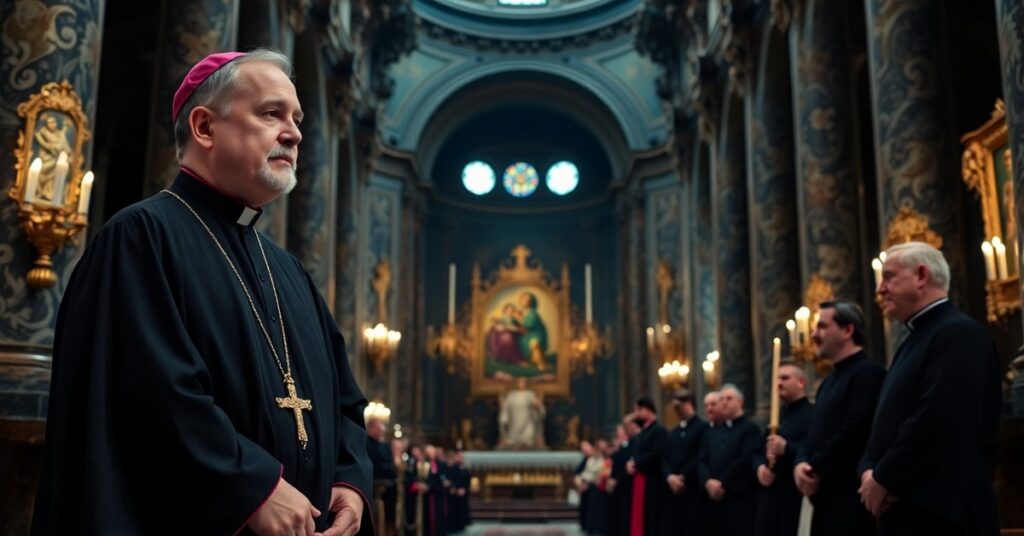 Biskup Krzysztof Włodarczyk przemawiający do kapłanów w barokowej katedrze bydgoskiej – poważna dyskusja o powołaniu kapłańskim