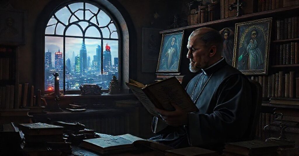 Br. Damian Wojciechowski w ciemnym gabinecie obserwuje futurystyczne miasto z okna, otoczony książkami i wizerunkami Chrystusa Króla