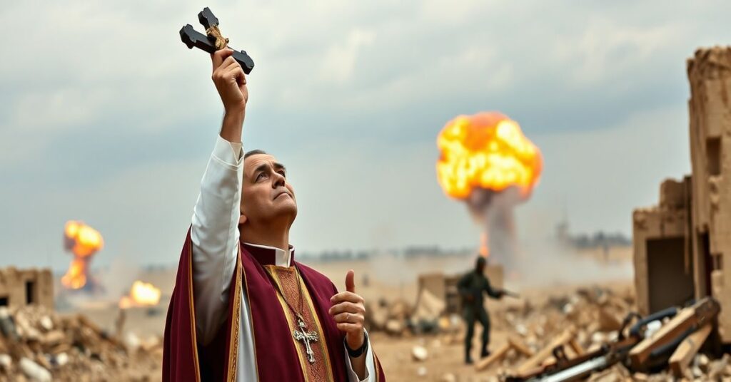 Ksiądz katolicki w tradycyjnych szatach modląc się nad ruinami wojennymi, symbolizując brak Chrystusa Króla w współczesnej geopolityce.