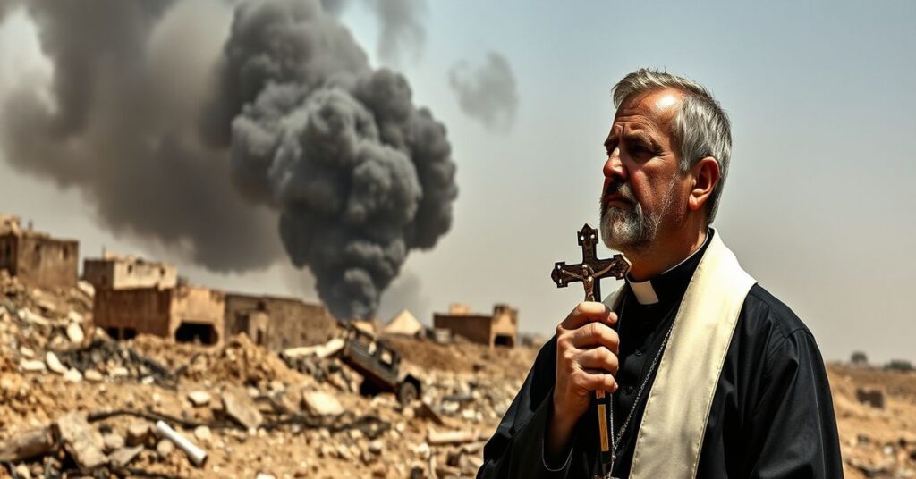 Ksiądz katolicki trzymający krzyż w zniszczonym krajobrazie Bliskiego Wschodu, symbolizujący brak Chrystusa Króla w analizie geopolitycznej