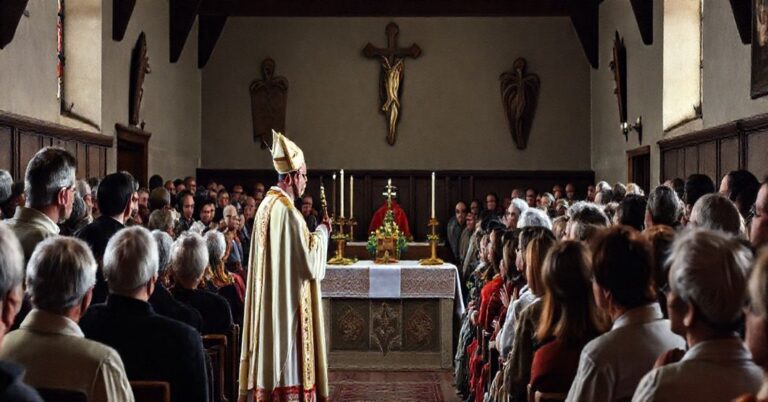 Biskup w tradycyjnych szatach liturgicznych przemawia do zgromadzenia w kościele podczas spotkania Bractwa św. Józefa, podkreślając duchowe aspekty miłosierdzia.