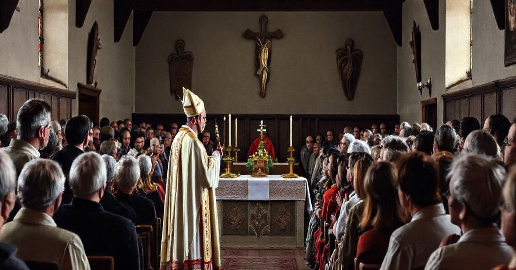 Biskup w tradycyjnych szatach liturgicznych przemawia do zgromadzenia w kościele podczas spotkania Bractwa św. Józefa, podkreślając duchowe aspekty miłosierdzia.