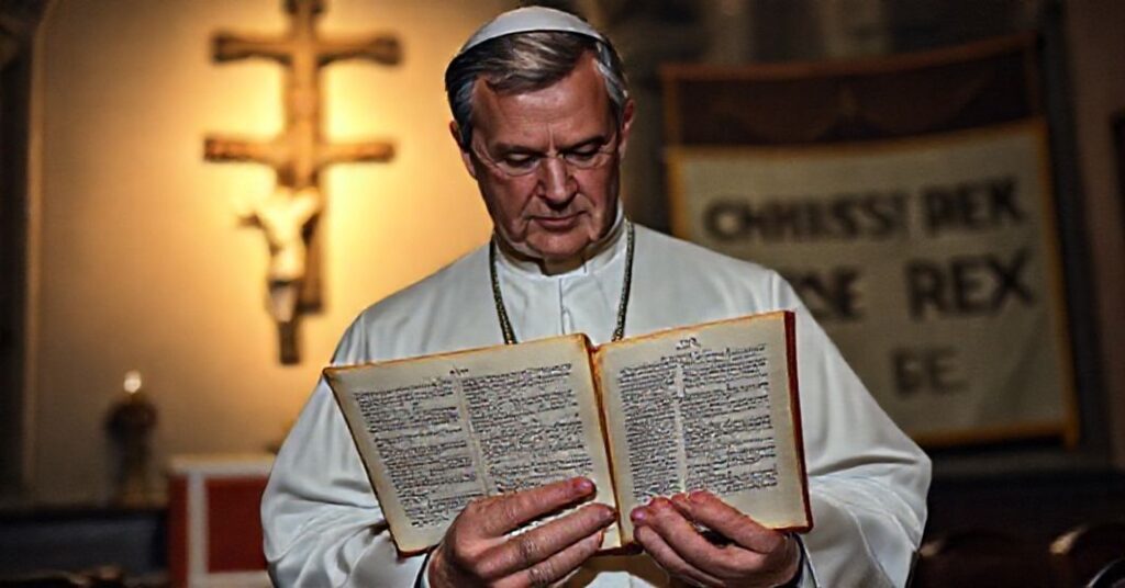 Ksiądz w tradycyjnym habitacie trzymającym encyklikę Quas Primas Piusa XI w ciemnej kaplicy z krzyżem i banerem 'Chrystus Król'