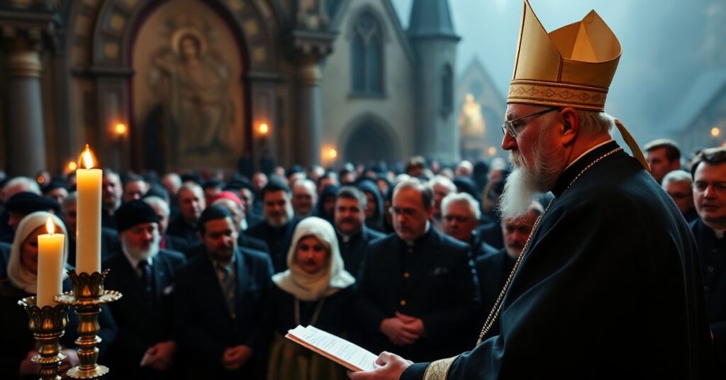 Biskup Grzegorz Olszowski wygłasza kazanie podczas pielgrzymki przedsiębiorców na Jasną Górę, z tłem Kaplicy Matki Bożej Częstochowskiej. Scena oddaje brakujący wymiar Chrystusa Króla w homilii.