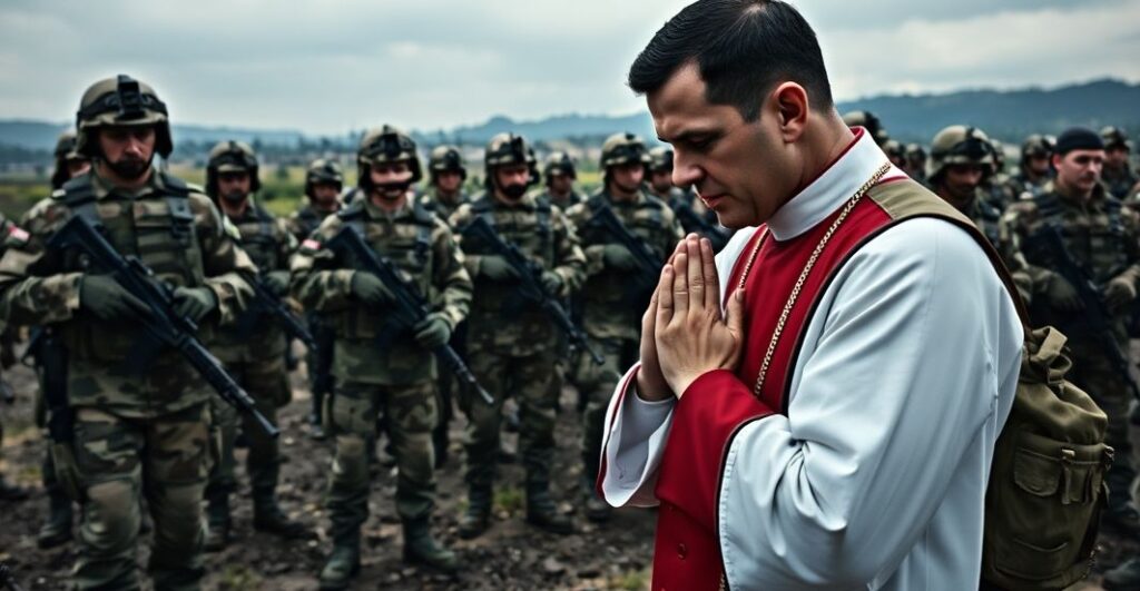 Obraz realistyczny ukazujący żołnierzy na tle cywilnego krajobrazu, modlącego się księdza, symbolizujący brak Chrystusa Króla w militarnych ćwiczeniach