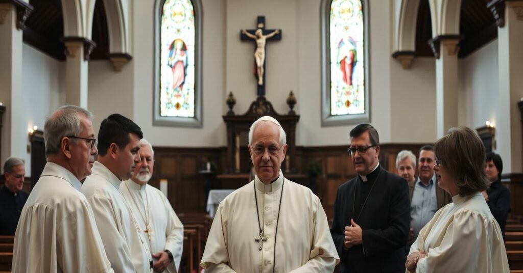 Wnętrze tradycyjnego kościoła z grupą osób omówiających problem wykorzystania seksualnego bez odpowiedniego wymiaru duchowego