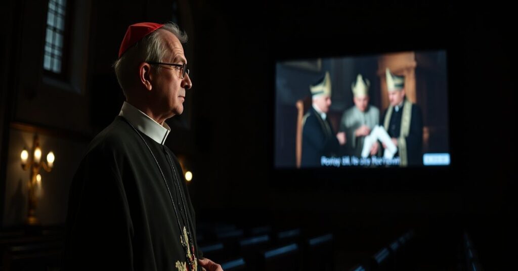 Ksiądz katolicki w tradycyjnym stroju liturgicznym patrzy na fragmenty filmów Andrzeja Wajdy w ciemnym kinie, symbolizując brak królowstwa Chrystusa w sztuce świeckiej.