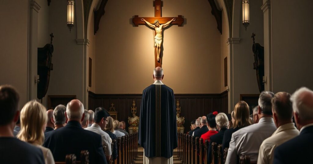 Tradycyjny wnętrze kościoła z księdzem w sutannie stojącym przed krzyżem otoczony troskliwymi parafianami. Scena podkreśla brak prawdziwej pokuty i sakramentalnego podejścia do wykorzystania seksualnego.