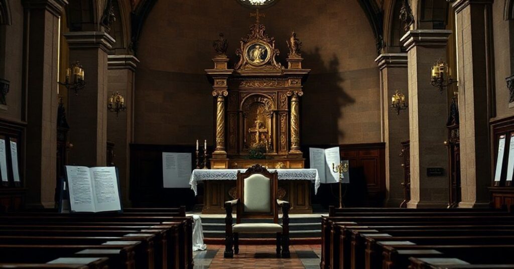 Wewnątrz tradycyjnego kościoła katolickiego z ołtarzem głównym, symbolizującym brak prawdziwej duchowej władzy. Dokumenty administracyjne i symbole światowej władzy wokół pusta krzesło.