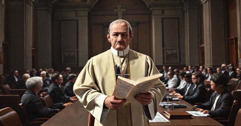 Ksiądz w tradycyjnych szatach liturgicznych trzyma kopię encykliki Quas Primas w ciemnym kościele, z tłem debaty Senatorów i lekarzy w budynku rządowym.