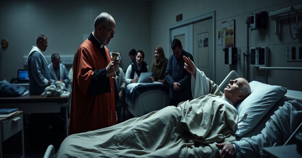 Smutny, tradycyjny katolicki widok chorego w szpitalnym łóżku z kapłanem w nowoczesnych ornatach stojącym obok, trzymającym kielich, podczas gdy grupa ludzi gromadzi się wokół. Tło przedstawia słabo oświetloną szpitalną salę z urządzeniami medycznymi. Akcent kładziony jest na braku prawdziwej obecności sakramentalnej kapłana.