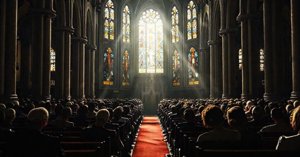 Wnętrze katedry katolickiej z promieniami słońca przechodzącymi przez witraże przedstawiające Chrystusa Króla. Pusty kościół symbolizujący brak prawdziwego pokoju bez poddania się władzy Chrystusa.