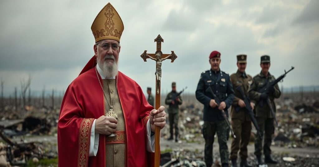 Sobór katolicki w tradycyjnych szatach w zniszczonym krajobrazie Ukrainy, trzymający krzyż z wojskowymi postaciami w tle