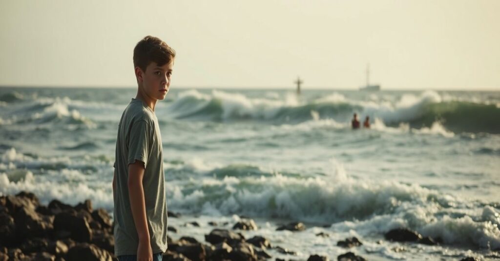 13-latek Austin Appelbee stoi na skałach przy burzliwym morzu, patrząc w dal na rodzinę walczącą z falami. Scena jest smutna i poważna, podkreślająca brakujący wymiar duchowy w jego heroicznym czynie.