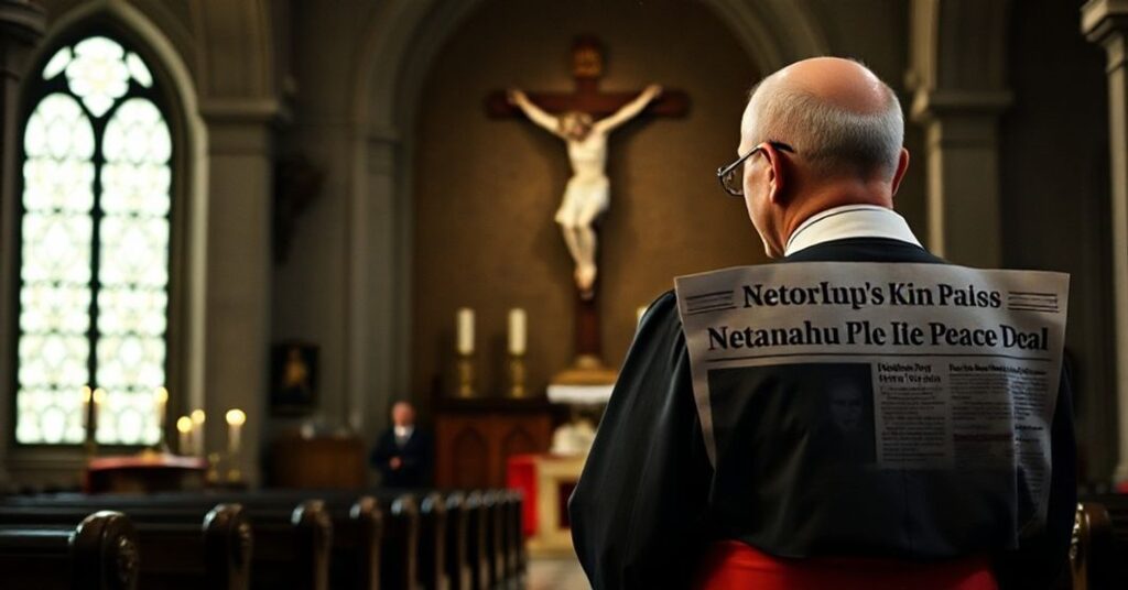 Ksiądz katolicki w tradycyjnych szatach liturgicznych patrzy na gazetę z informacją o porozumieniu pokojowym Netanjahu w ciemnym kościele z krzyżem i świecami w tle