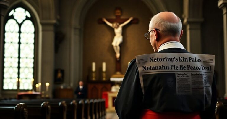 Ksiądz katolicki w tradycyjnych szatach liturgicznych patrzy na gazetę z informacją o porozumieniu pokojowym Netanjahu w ciemnym kościele z krzyżem i świecami w tle
