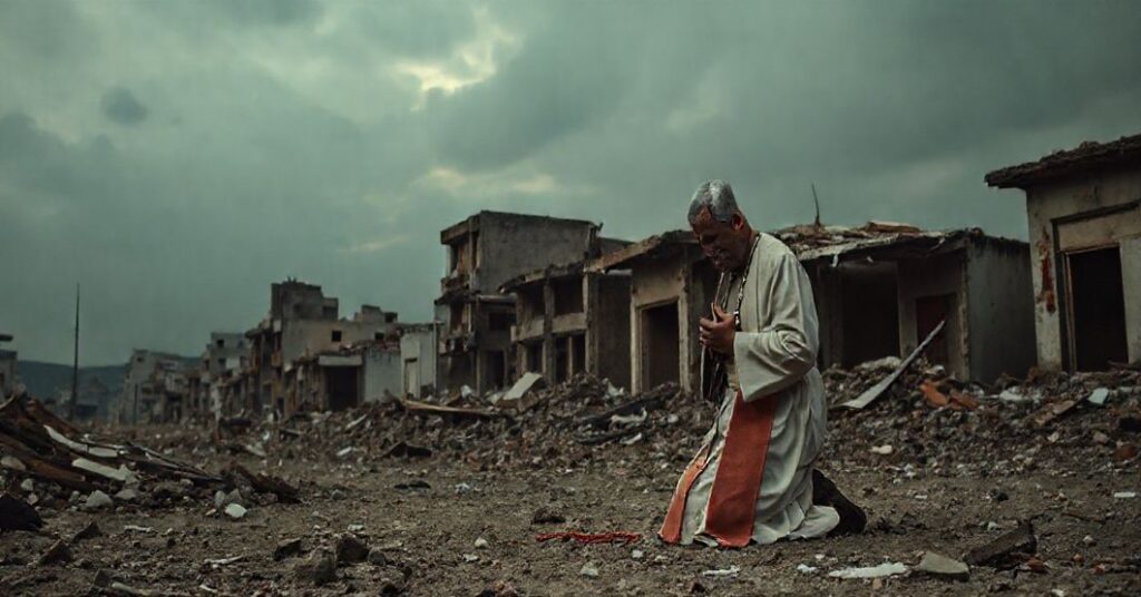 Scena po operacji policyjnej w brazylijskiej faveli, gdzie ksiądz modli się wśród ruin, symbolizując potrzebę duchowego przebaczenia w świecie oddalonym od Boga.