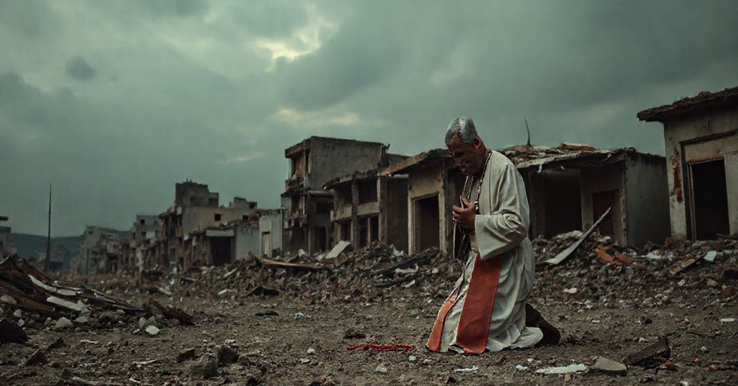 Scena po operacji policyjnej w brazylijskiej faveli, gdzie ksiądz modli się wśród ruin, symbolizując potrzebę duchowego przebaczenia w świecie oddalonym od Boga.