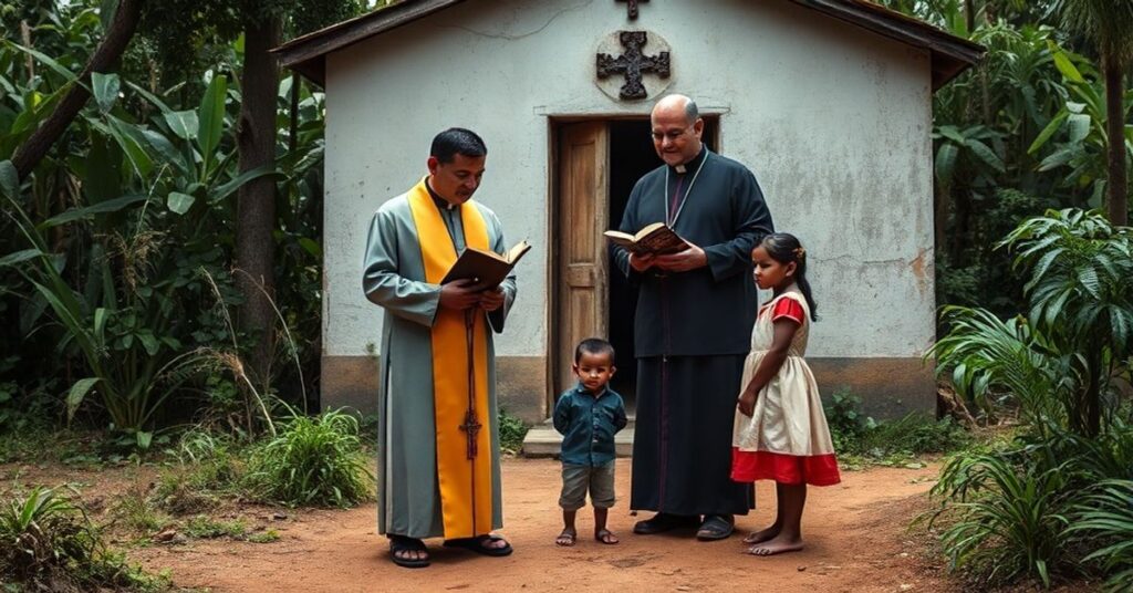 Tradycyjny ksiądz w ornacie stoi przed biednym kapliczkiem w Brazylijskiej wspólnocie Cruz, uczy dwóch polskich dzieci z podręcznika katechetycznego.