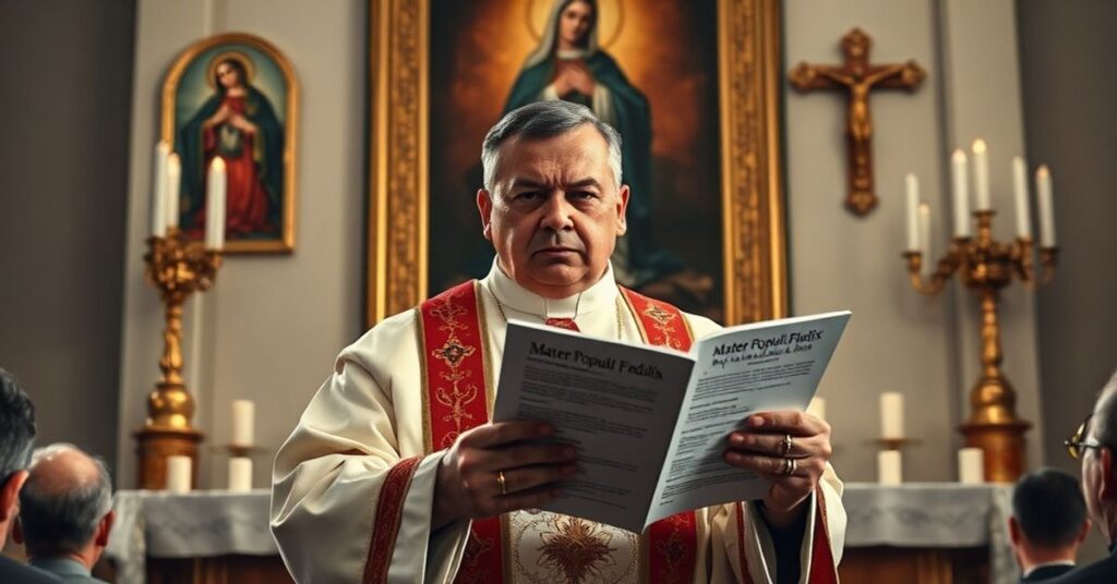 Uroczysty ołtarz katolicki z obrazami Serca Maryi Niepokalanej i krzyża. Na pierwszym planie jest surowy brazylijski duchowny w pełnym stroju liturgicznym trzymający dokument 'Mater Populi Fidelis' i skierowany ku zgromadzeniu. Jego twarz wyraża powagę teologicznej dyskusji na temat tytułu 'Współodkupicielki'. Widoczna jest tradycyjna ikonografia maryjna w tle.