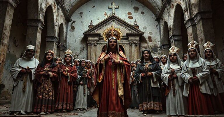 Obraz przedstawiający duchową ruinę brazylijskiego katolicyzmu z postacią Santa Dici i jej zwolennikami w tradycyjnych strojach katolickich w kontrastu z synkretycznymi elementami.